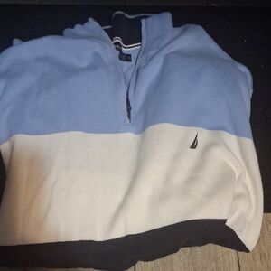 Nautica Men's Light Blue and White Zip-Up Sweater